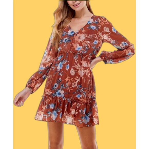 Nordstrom Women's Large Floral Puff Sleeve Multicolor V Neck Flare Dress NWOT - Picture 3 of 14